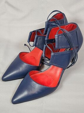 Charles Jourdan India Pump Navy Pointed Lace-Up Heels with Red Interior